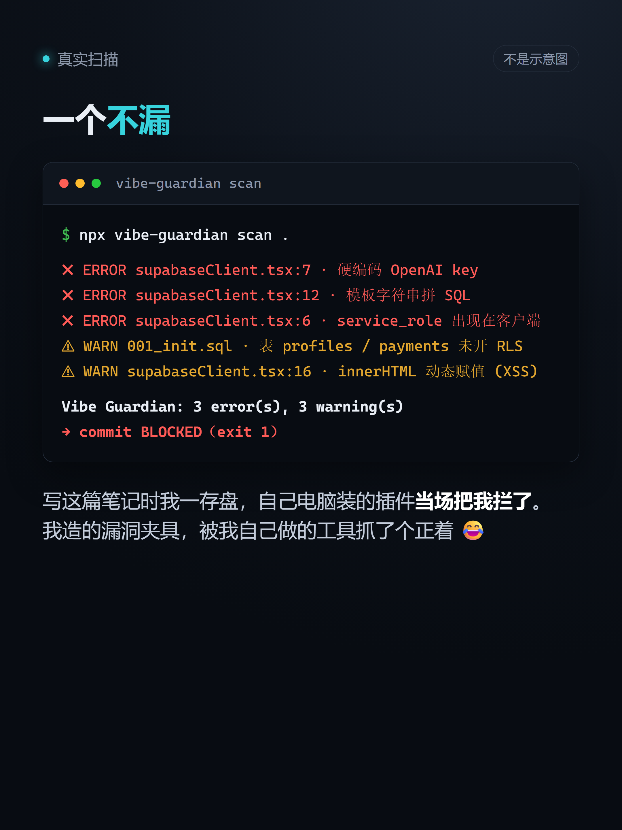 真实扫描输出：3 个错误 3 个警告，提交被拦